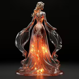 a lit up figure in an orange gown,an intricately designed woman in orange stands with glowing hands
