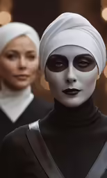 two women in white makeup wearing black and white costumes