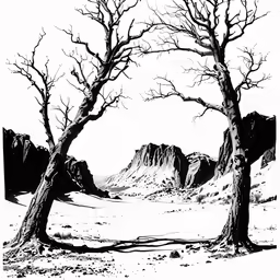 two trees in the desert near some mountains