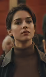 woman looking forward with people in the background