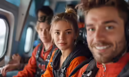 three people riding a plane in orange uniforms