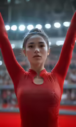 a female gymnastics athlete standing on the floor and raising her arms