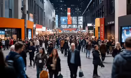 several people walking through an open downtown street at night