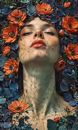 a woman with flowers on her head, looking upward