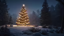 a lighted christmas tree in a snowy landscape