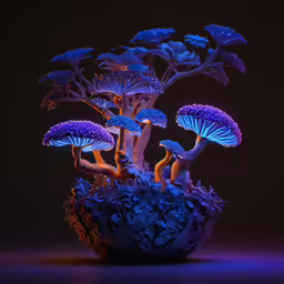 illuminated blue mushrooms are in a large pot