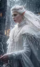 the white queen standing in front of a forest in snow