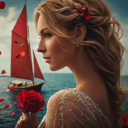 a woman standing next to a boat on the water with rose petals