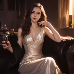 the woman is posing in an elegant dress