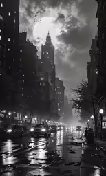 a city street during a rainy night, with some cars driving on the road