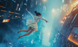 a woman flying through the air in the middle of a city