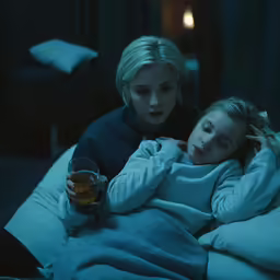 two girls on bed having drinks in a dimly lit room