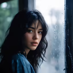 a beautiful woman standing by a window near rain