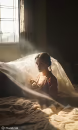 a young woman is sitting on a bed and looking out the window