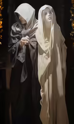 two statues of women dressed in black and white