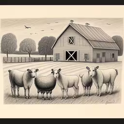 drawing of a herd of sheep standing next to a barn