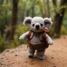 a small teddy bear with a backpack on top of a field