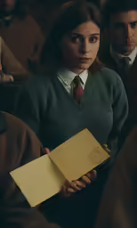 a young lady wearing a gray sweater holds up an envelope