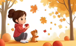 a child is kneeling down holding an apple near an animal