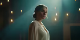 an image of a woman in white looking to her left