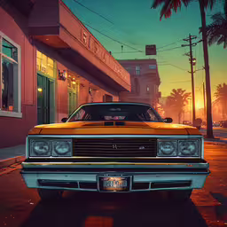 the yellow car is parked on the curb in front of a building,a vintage chevrolet is parked on the side of a street