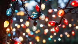 several lights hanging from branches with lights on them