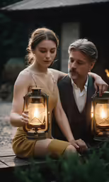 a man and a woman sitting down holding two lanterns