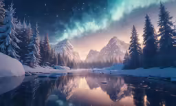 a beautiful scene of a lake in the middle of snow