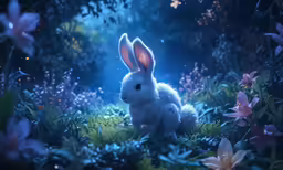 an art print depicting a rabbit sitting in the grass and light shining on the ground