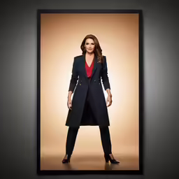a woman in a long coat standing against a wall