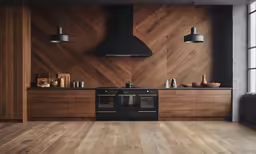 wood - paneled kitchen with wooden wall and black oven