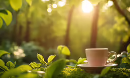 a cup sits on a plate in a mossy forest