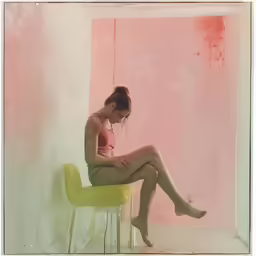 the woman is sitting down on the chair and she is looking down