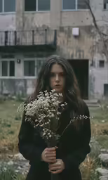 there is a girl that is holding a flower
