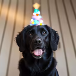 a dog with a christmas tree on the background