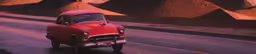 an old red truck driving down a road near sand