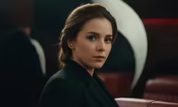 a woman in black blazer standing in front of red leather seats