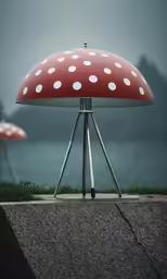 red mushroom with white dots on it is sitting in the grass