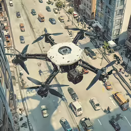an unmanned aerial robot in the middle of a busy city