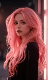 a young woman with long pink hair stands against a pink background