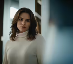 the woman in white sweater is looking back