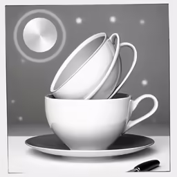 stacking of white tea cups on plate with black ink pen