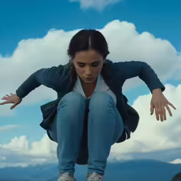 a girl wearing jeans and a jacket is in the air