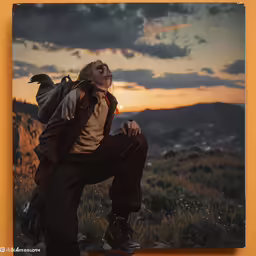 a man sitting on top of a skateboard near mountains