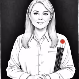 a woman holding a pencil and drawing the image of a girl