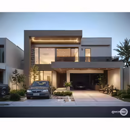 a modern house lit up at night in a neighborhood