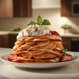 a white plate of a stack of pancakes and strawberries