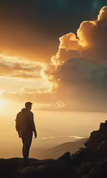 a person standing on the edge of a mountain while the sun is setting