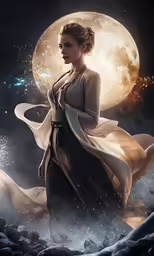 a young woman is standing near the moon