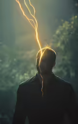 a man wearing black shirt standing in front of trees with sunlight